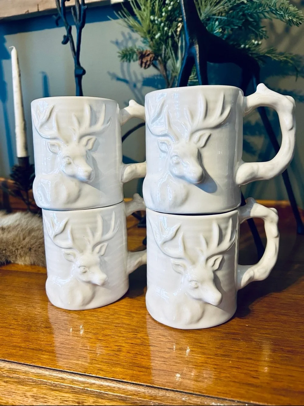 Pottery Barn Rare Ceramic Deer DONDER Relief Mugs - Set of 4